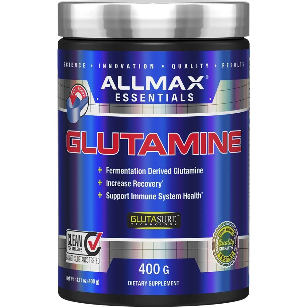 Allmax Essentials Arginine HCl 400 g bottle on gym counter may support workout blood flow