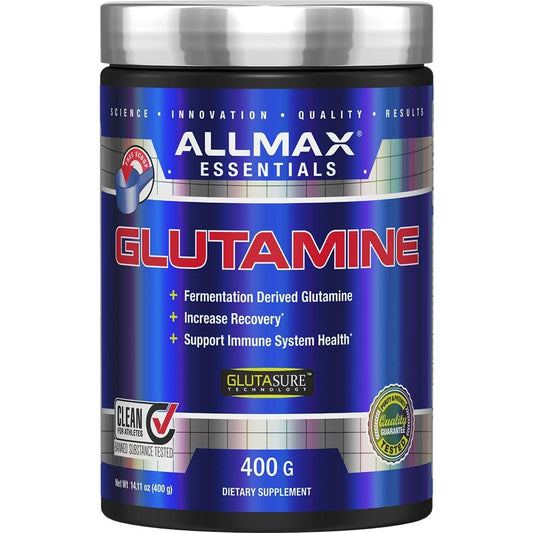 Allmax Essentials Arginine HCl 400 g bottle on gym counter may support workout blood flow