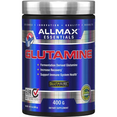Allmax Essentials Arginine HCl 400 g bottle on gym counter may support workout blood flow
