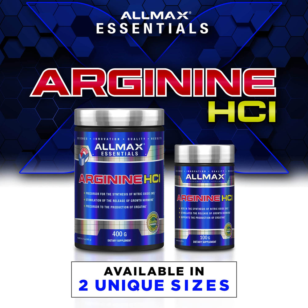 Allmax Essentials Arginine HCl bottle in gym setting conveys convenience for training