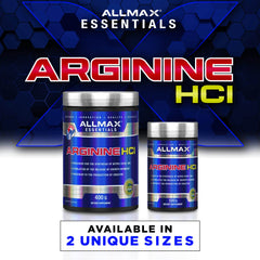 Allmax Essentials Arginine HCl bottle in gym setting conveys convenience for training