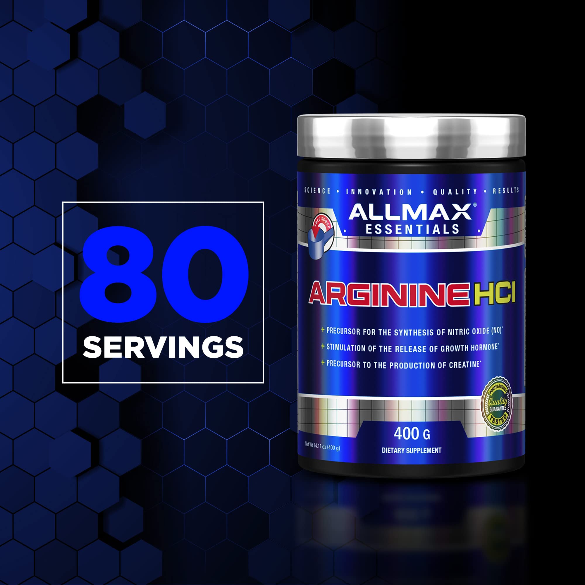 Allmax Essentials Arginine HCl fermentation process label emphasizing purity and potency
