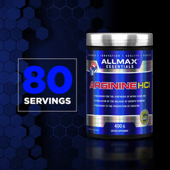 Allmax Essentials Arginine HCl fermentation process label emphasizing purity and potency