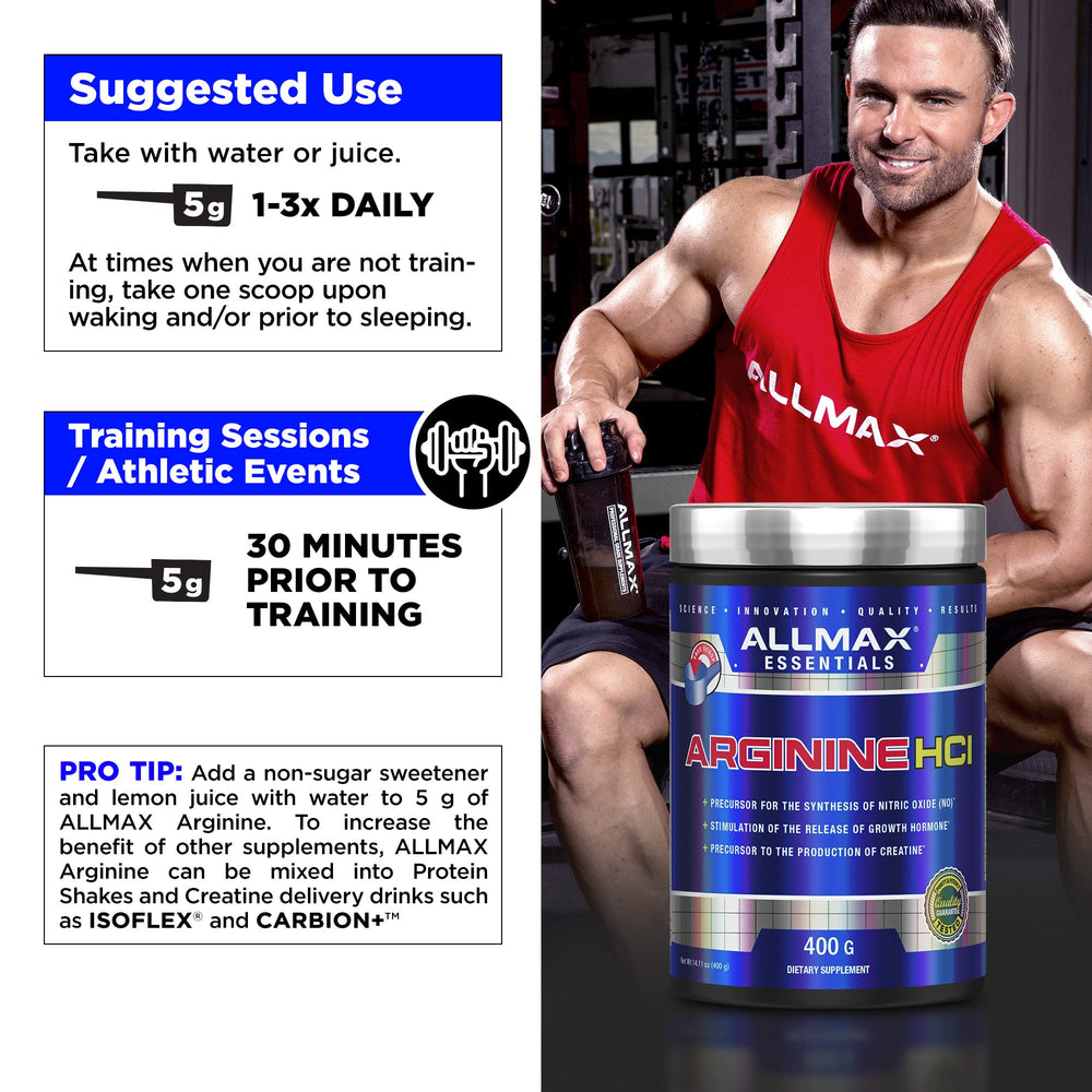 Allmax Essentials Arginine HCl vegan-friendly badge on packaging for athletes