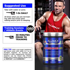 Allmax Essentials Arginine HCl vegan-friendly badge on packaging for athletes