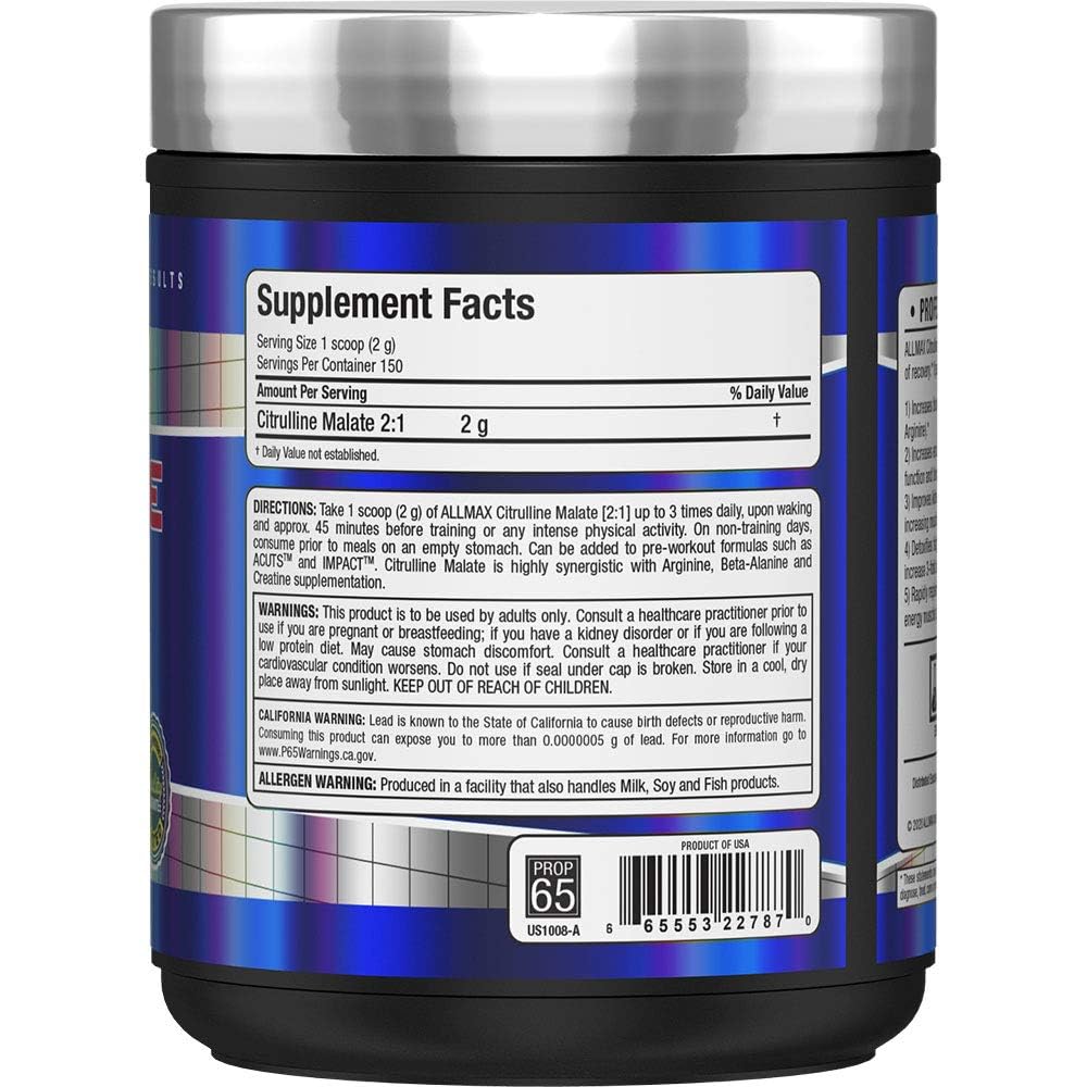 ALLMAX Essentials Citrulline Malate 2:1 label highlights amino energy ingredients.