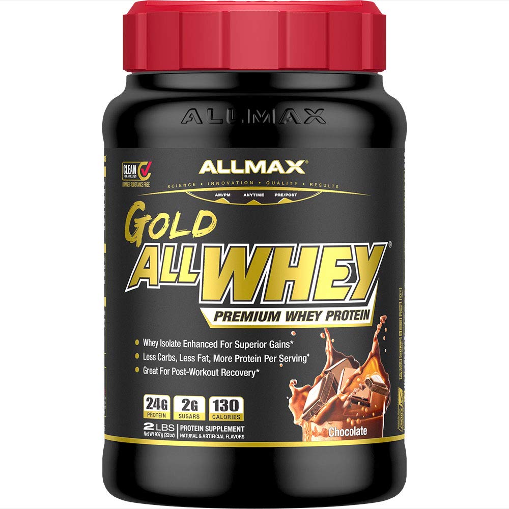 AllMAX Gold ALLWHEY chocolate powder in 2 lb container for post-workout recovery