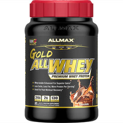 AllMAX Gold ALLWHEY chocolate powder in 2 lb container for post-workout recovery