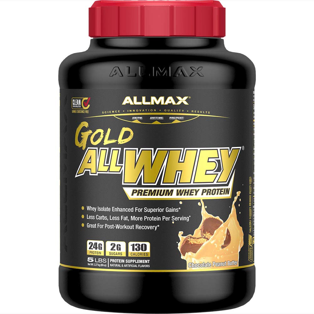 ALLMAX Gold ALLWHEY chocolate peanut butter tub, premium post-workout protein.