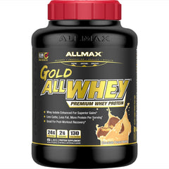 ALLMAX Gold ALLWHEY chocolate peanut butter tub, premium post-workout protein.