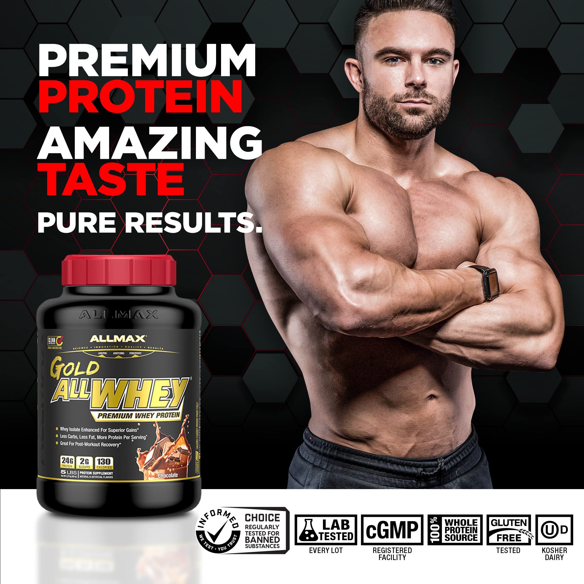 AllMAX Gold ALLWHEY scoop measuring a perfect protein serving for fast shakes
