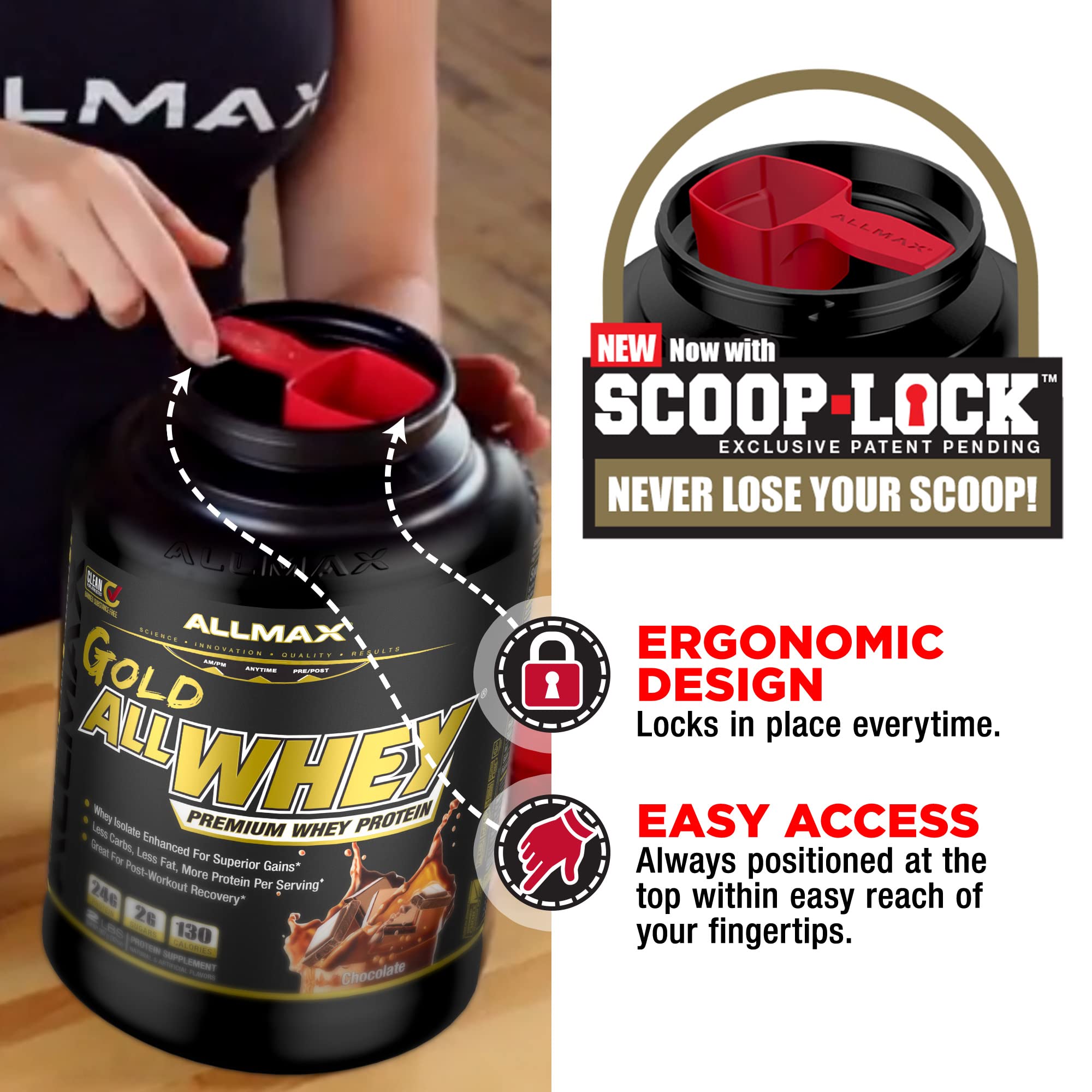Ingredients panel of ALLMAX Gold ALLWHEY reveals BCAAs and whey protein mix.