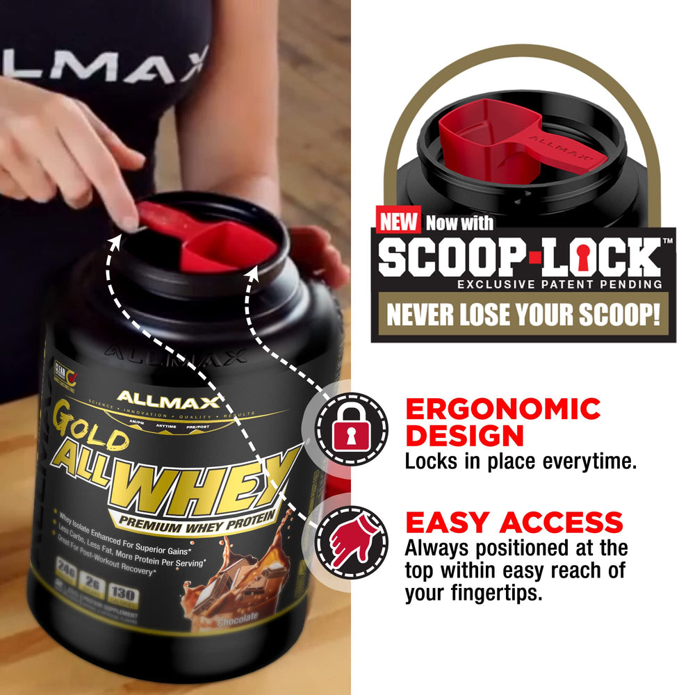 Ingredients panel of ALLMAX Gold ALLWHEY reveals BCAAs and whey protein mix.