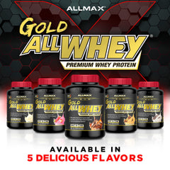 ALLMAX Gold ALLWHEY Strawberry shake poured into glass for post-workout drink.