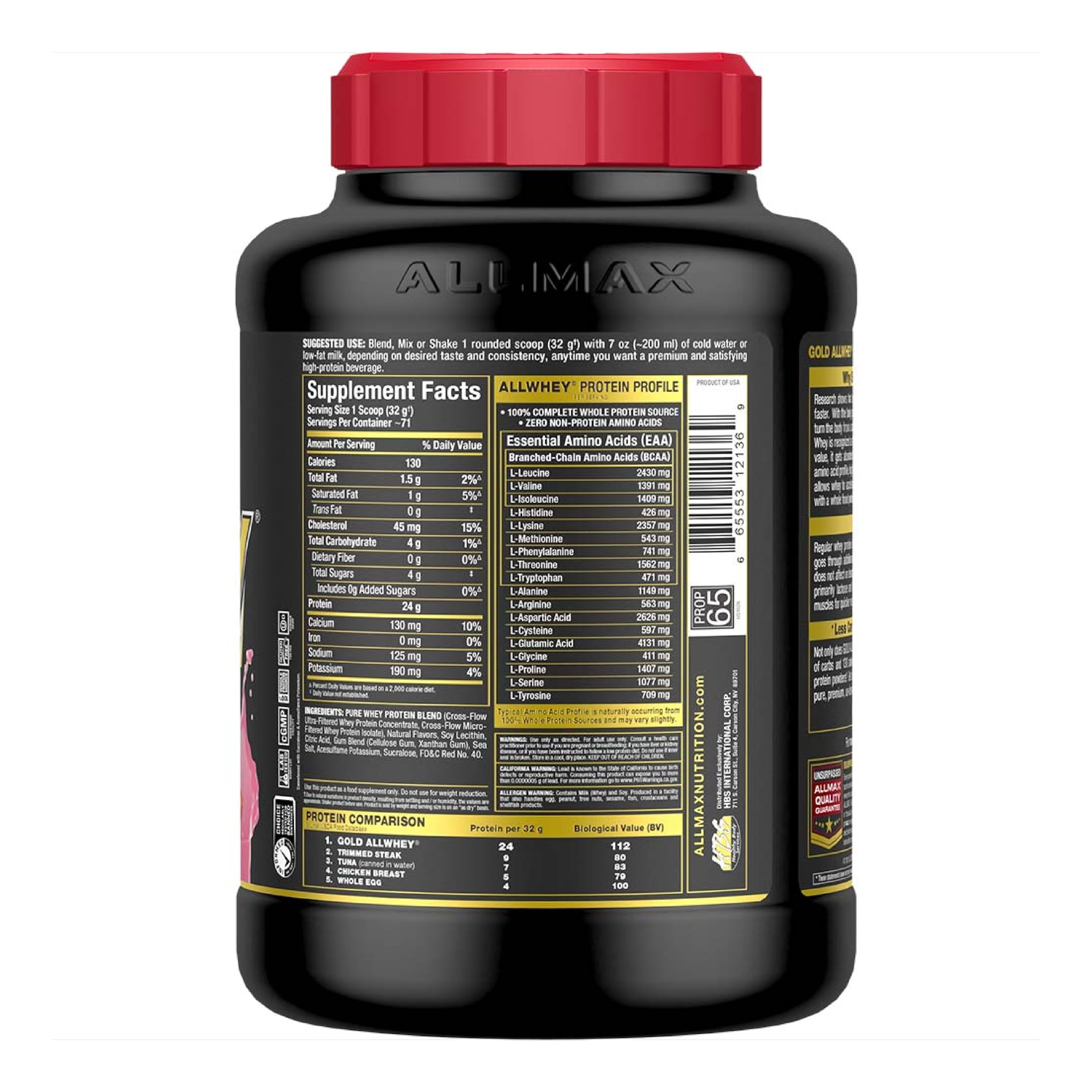 ALLMAX Gold ALLWHEY Strawberry tub back with nutrition facts for lean mass goals.