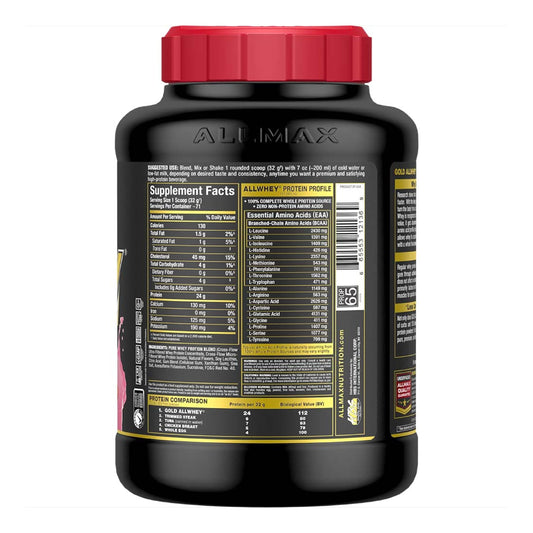 ALLMAX Gold ALLWHEY Strawberry tub back with nutrition facts for lean mass goals.