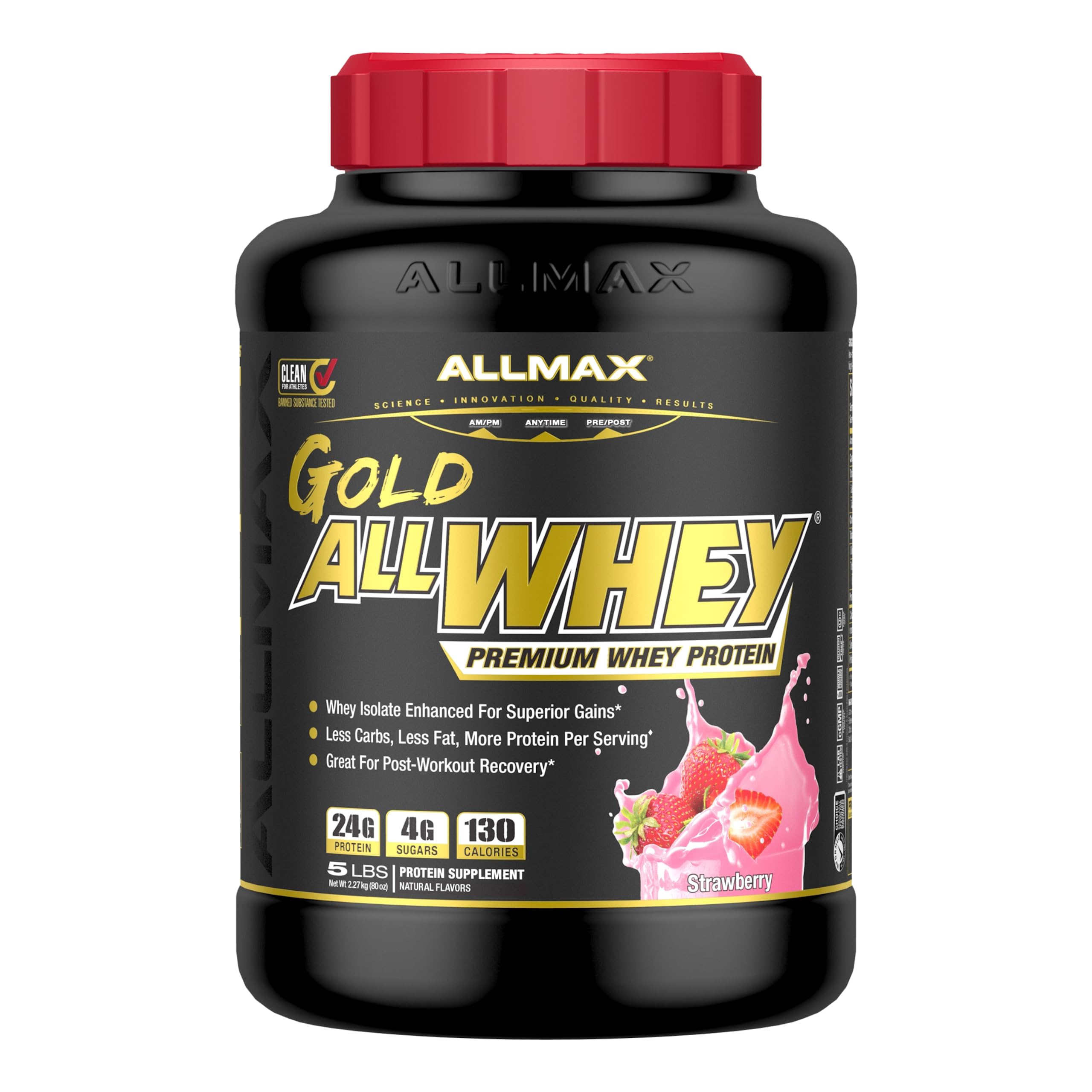 ALLMAX Gold ALLWHEY Strawberry tub front highlighting post-workout recovery.