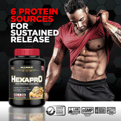 ALLMAX HEXAPRO Chocolate Peanut Butter 2lb bottle closeup highlighting rich texture for shakes