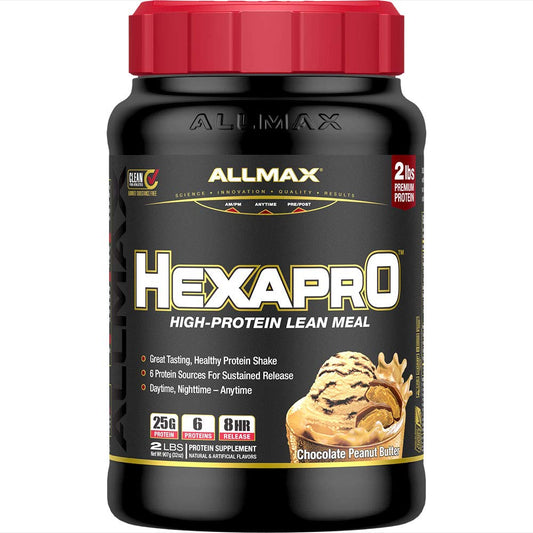 ALLMAX HEXAPRO Chocolate Peanut Butter 2lb bottle showing creamy protein for daily fueling