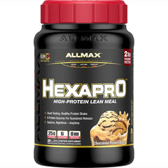 ALLMAX HEXAPRO Chocolate Peanut Butter 2lb bottle showing creamy protein for daily fueling