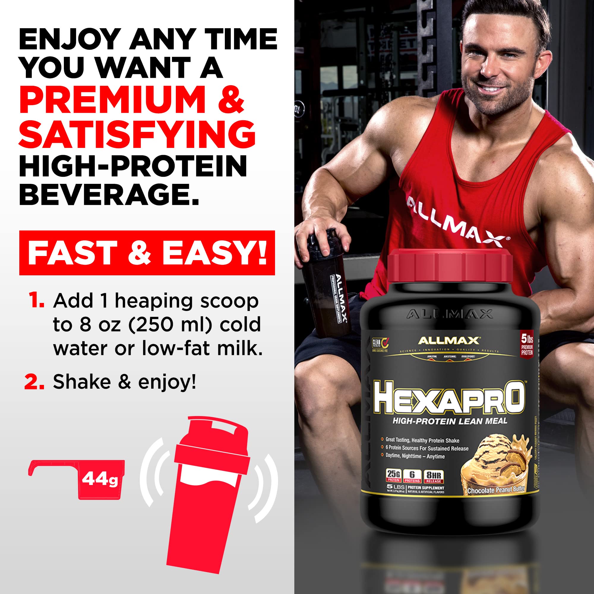 ALLMAX HEXAPRO Chocolate Peanut Butter 2lb serving portion displaying 25 g protein per serving