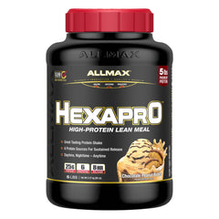 ALLMAX HEXAPRO Chocolate Peanut Butter 5lb jar for quick, creamy protein boosts.