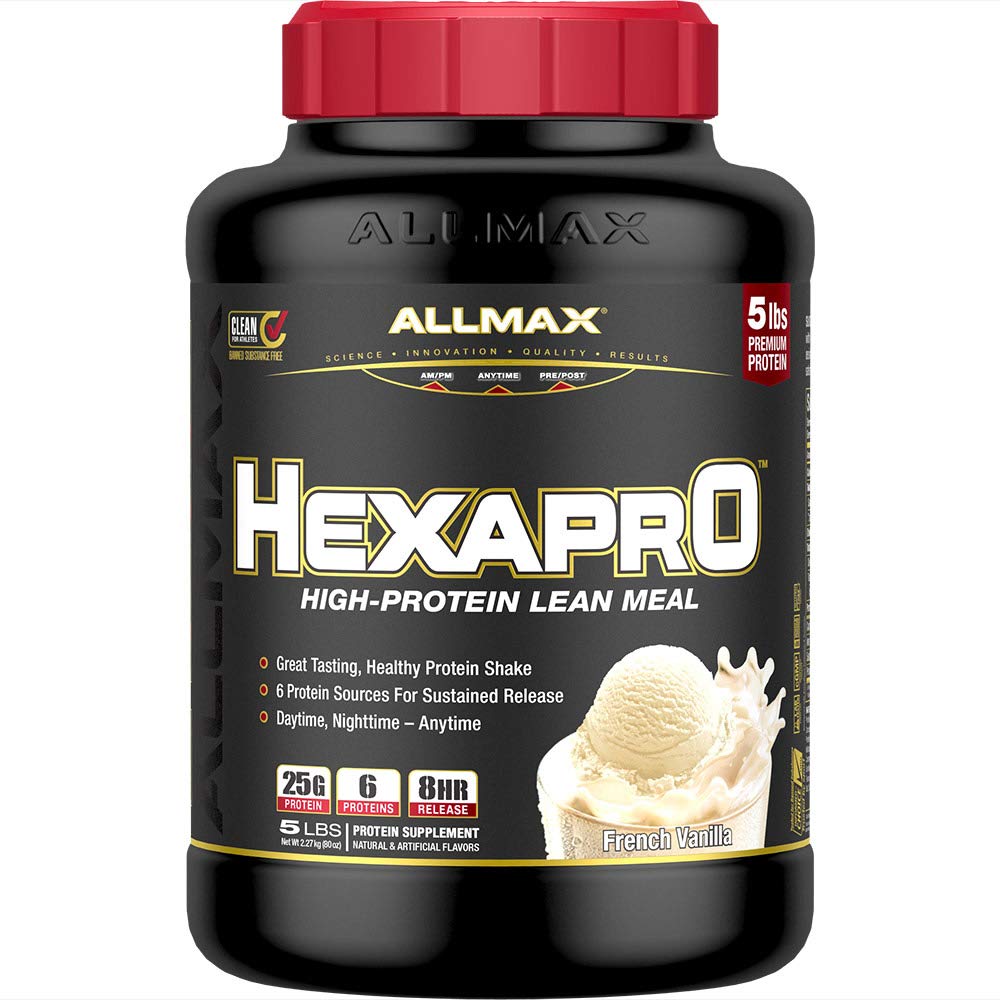 ALLMAX HEXAPRO French Vanilla 5lb bottle displaying rich protein powder for sustained daily fueling.