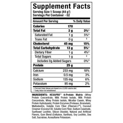 Zero sugar HEXAPRO French Vanilla formula emphasizing a light, guilt-free shake.