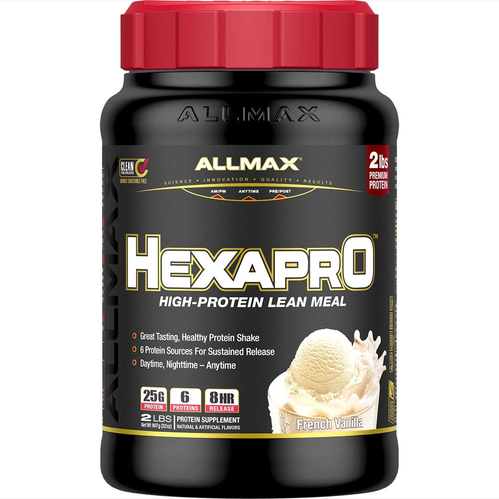 Allmax HEXAPRO vanilla powder bag showcasing high-protein blend for sustained energy