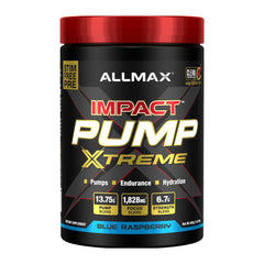ALLMAX Impact Pump Xtreme blue raspberry bottle highlights a convenient gym-ready energy option.