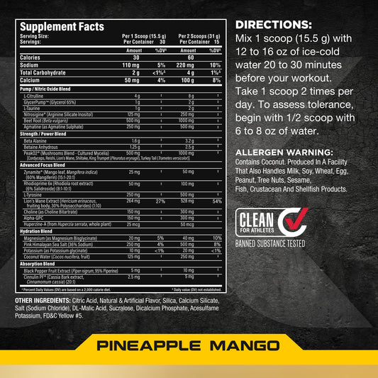 ALLMAX Impact Pump Xtreme pineapple mango scoop beside powder for measurement