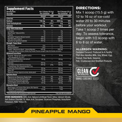 ALLMAX Impact Pump Xtreme pineapple mango scoop beside powder for measurement