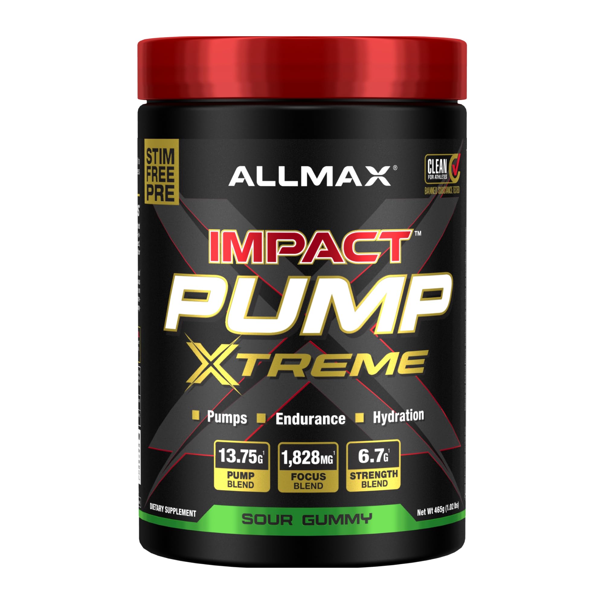 ALLMAX Impact Pump Xtreme Sour Gummy tub showing stim-free pre-workout formula for pumps