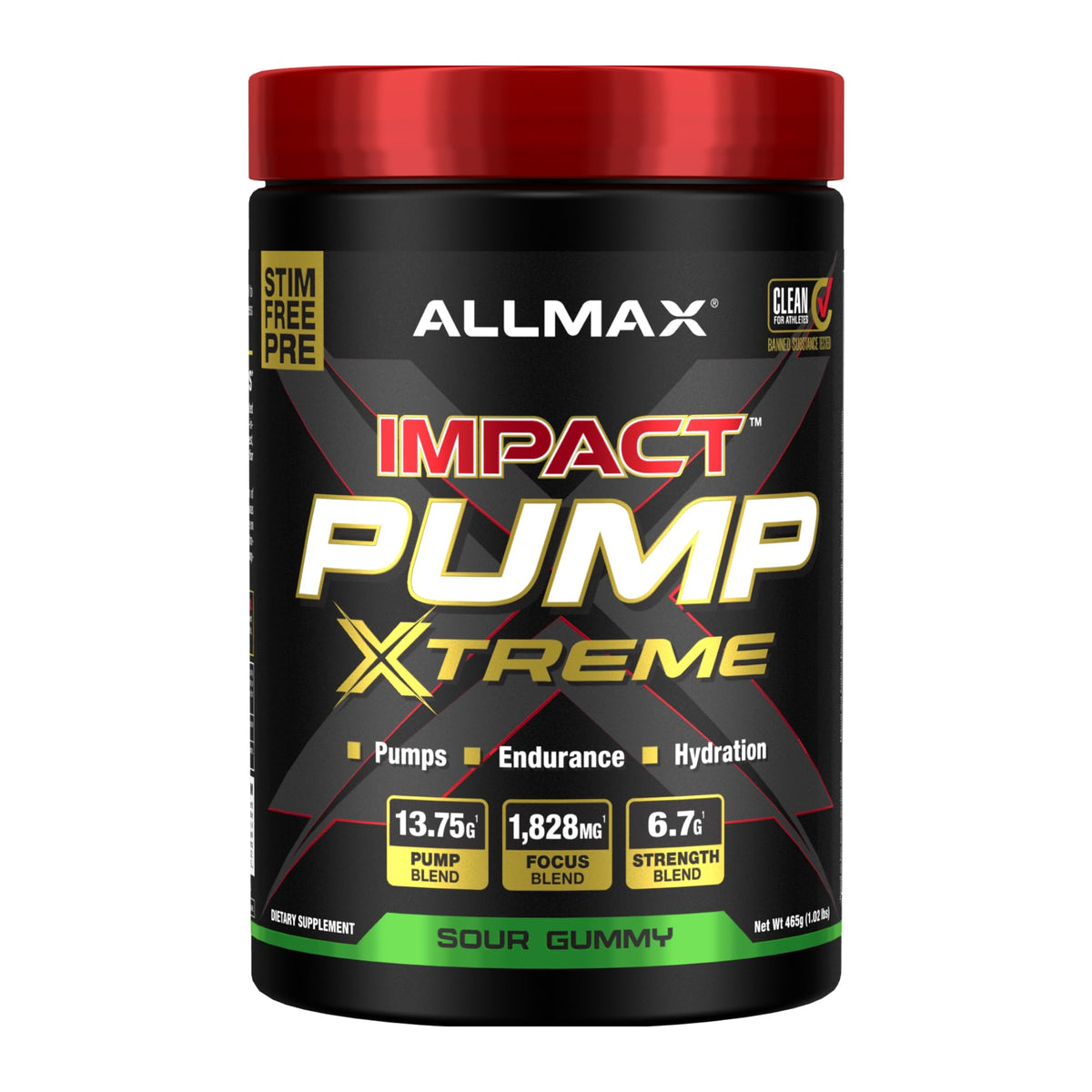 ALLMAX Impact Pump Xtreme Sour Gummy tub showing stim-free pre-workout formula for pumps