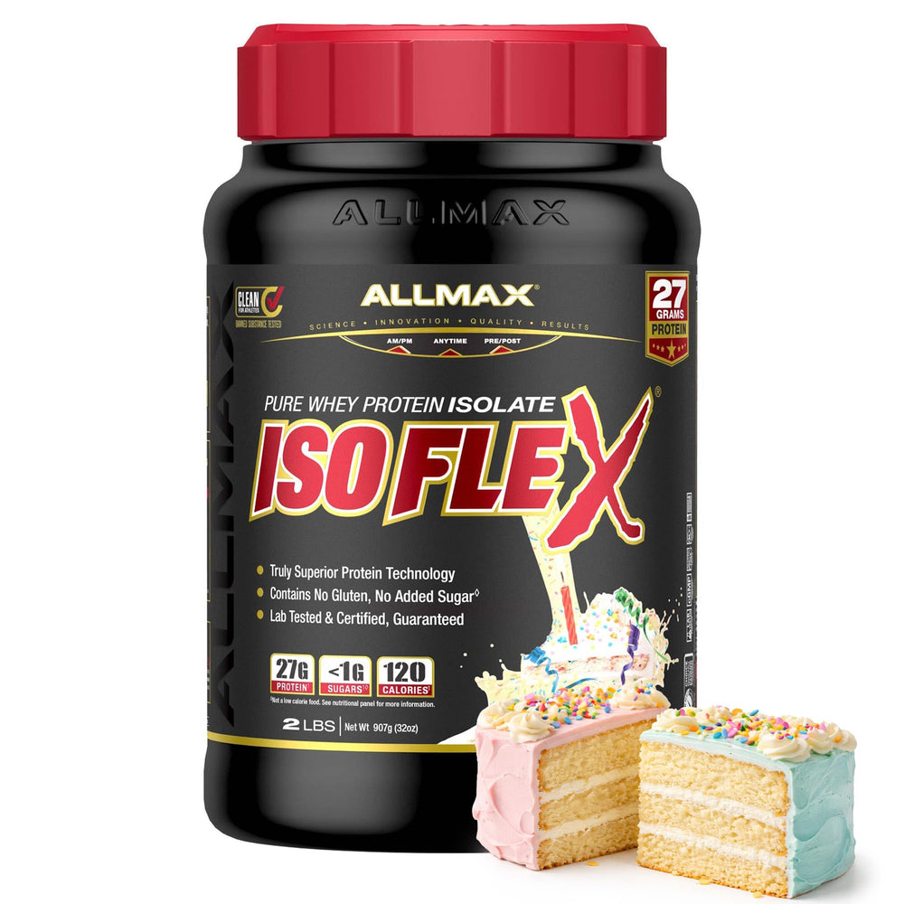 Allmax ISOFLEX Birthday Cake tub highlights high-purity protein for fast post-workout recovery.