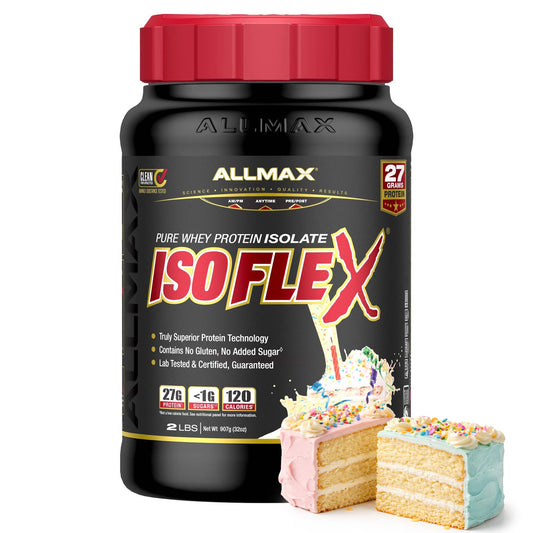 Allmax ISOFLEX Birthday Cake tub highlights high-purity protein for fast post-workout recovery.