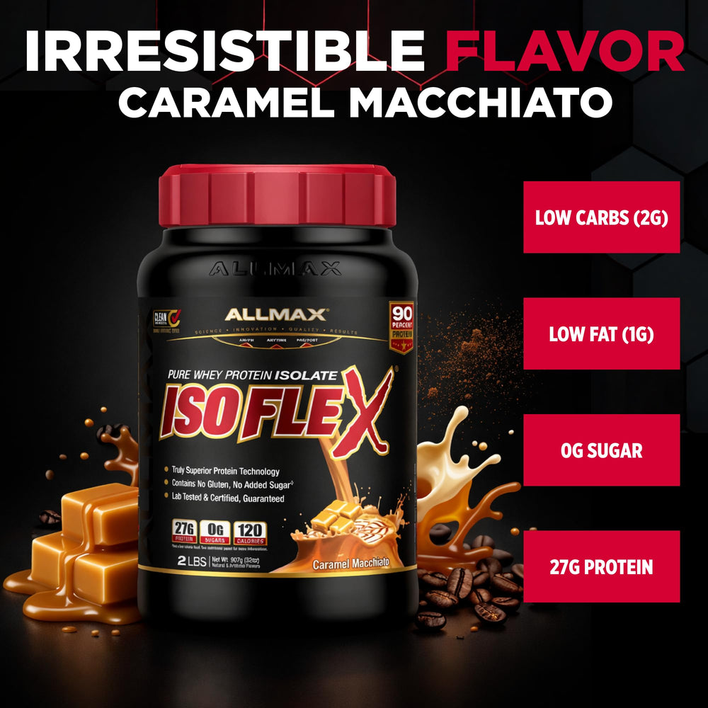ALLMAX ISOFLEX Caramel Macchiato scoop promotes convenient single-serving protein intake.