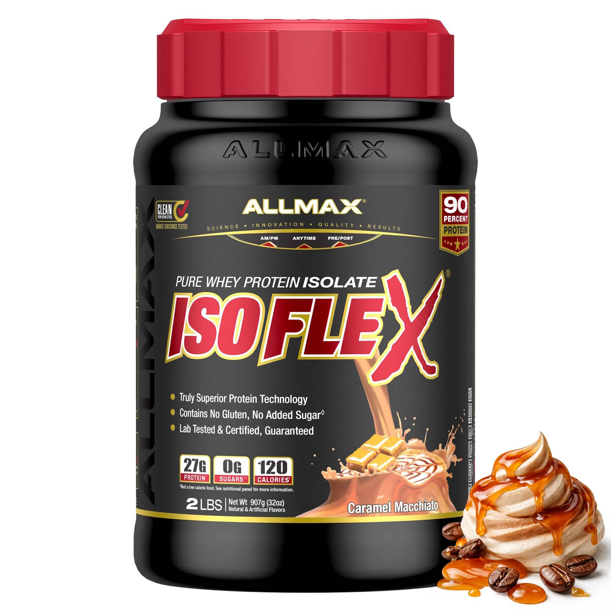 ALLMAX ISOFLEX Caramel Macchiato tub highlighting fast protein delivery.