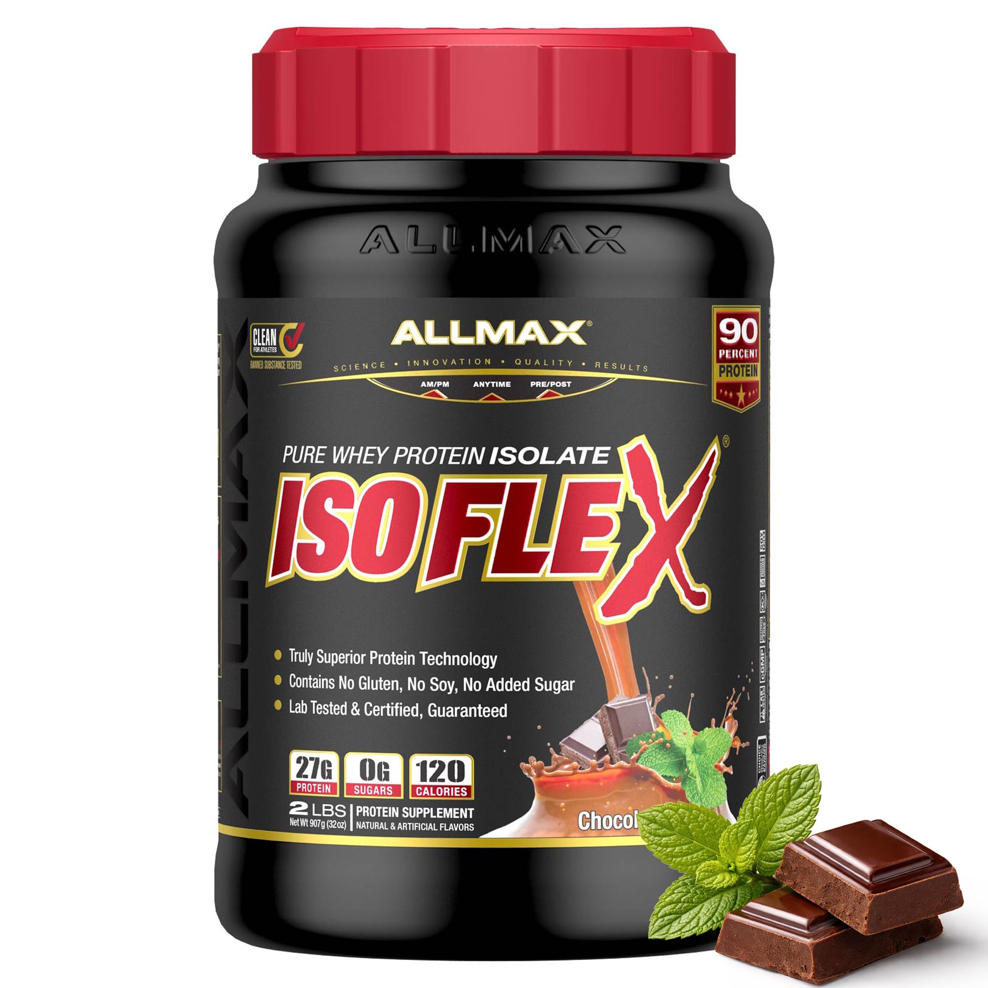 ALLMAX ISOFLEX Chocolate Mint tub front view highlighting high-protein formula for athletes.