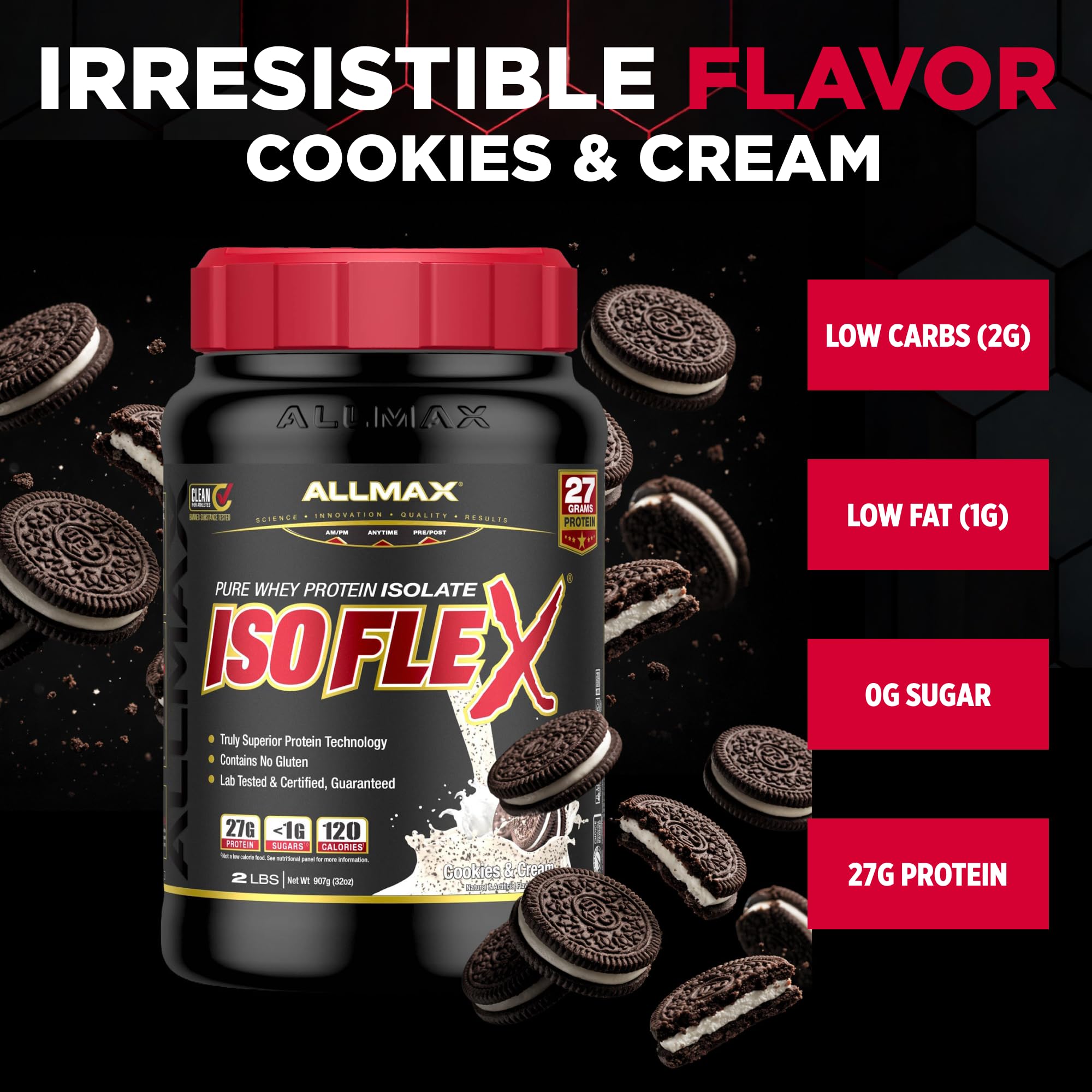 Close-up of cookies and cream powder beside scoop for easy pre- or post-workout use.