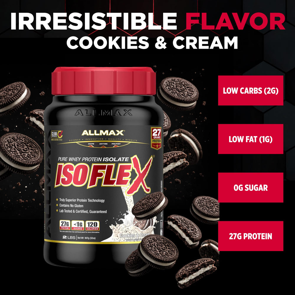 Close-up of cookies and cream powder beside scoop for easy pre- or post-workout use.