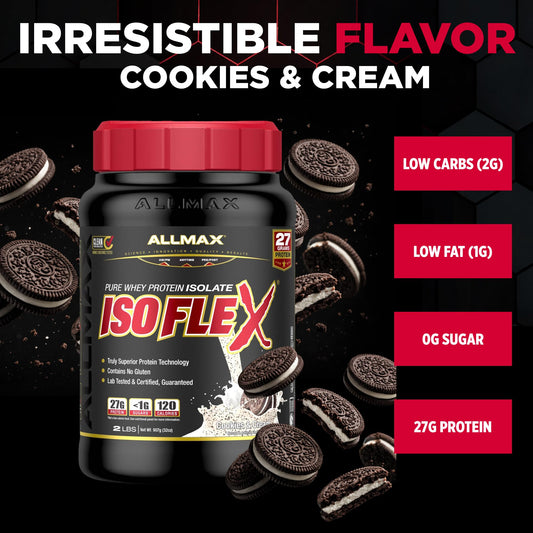 Close-up of cookies and cream powder beside scoop for easy pre- or post-workout use.