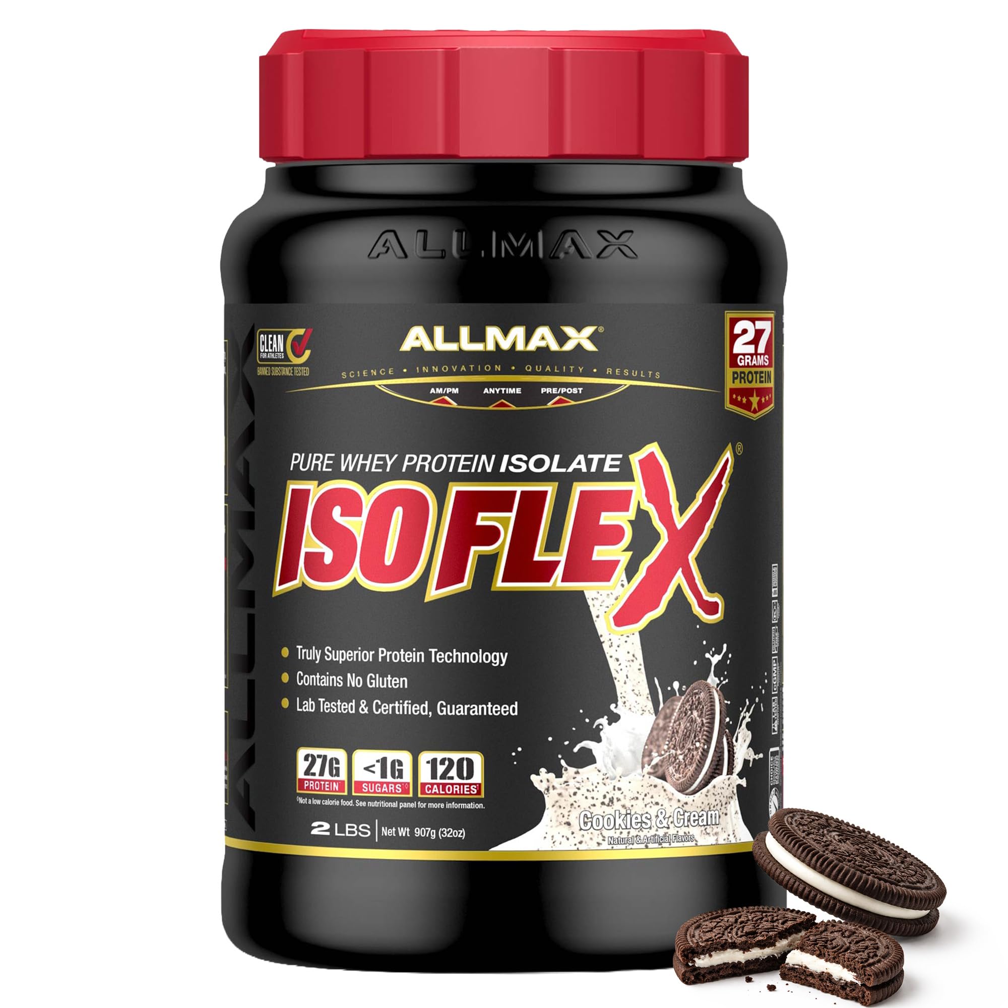AllMAX IsoFlex Cookies and Cream tub shown, high-protein powder for post-workout recovery.