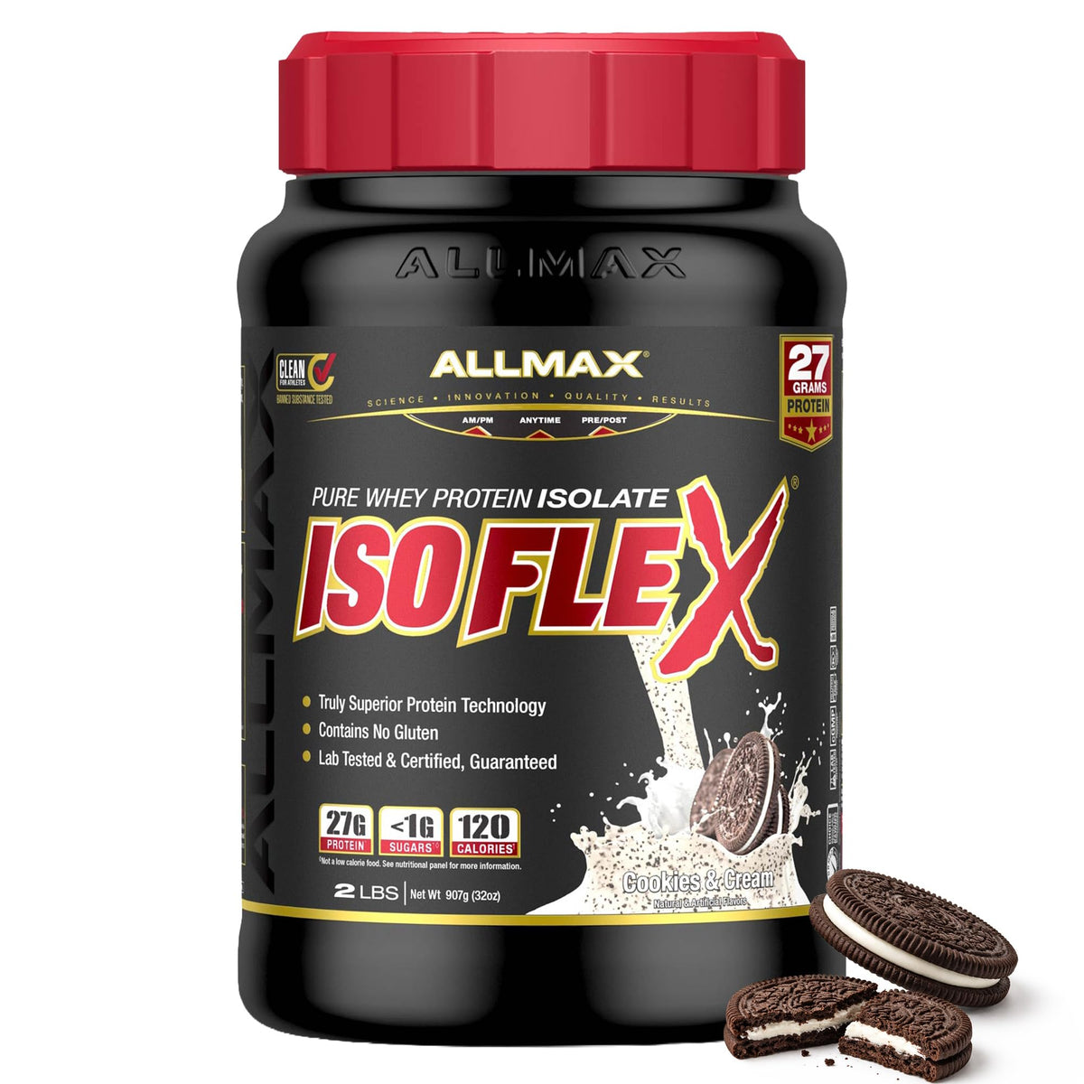 AllMAX IsoFlex Cookies and Cream tub shown, high-protein powder for post-workout recovery.