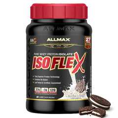 AllMAX IsoFlex Cookies and Cream tub shown, high-protein powder for post-workout recovery.