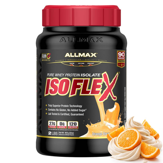 ALLMAX ISOFLEX Orange Dreamsicle bottle highlighting gluten-free and low-lactose protein powder.