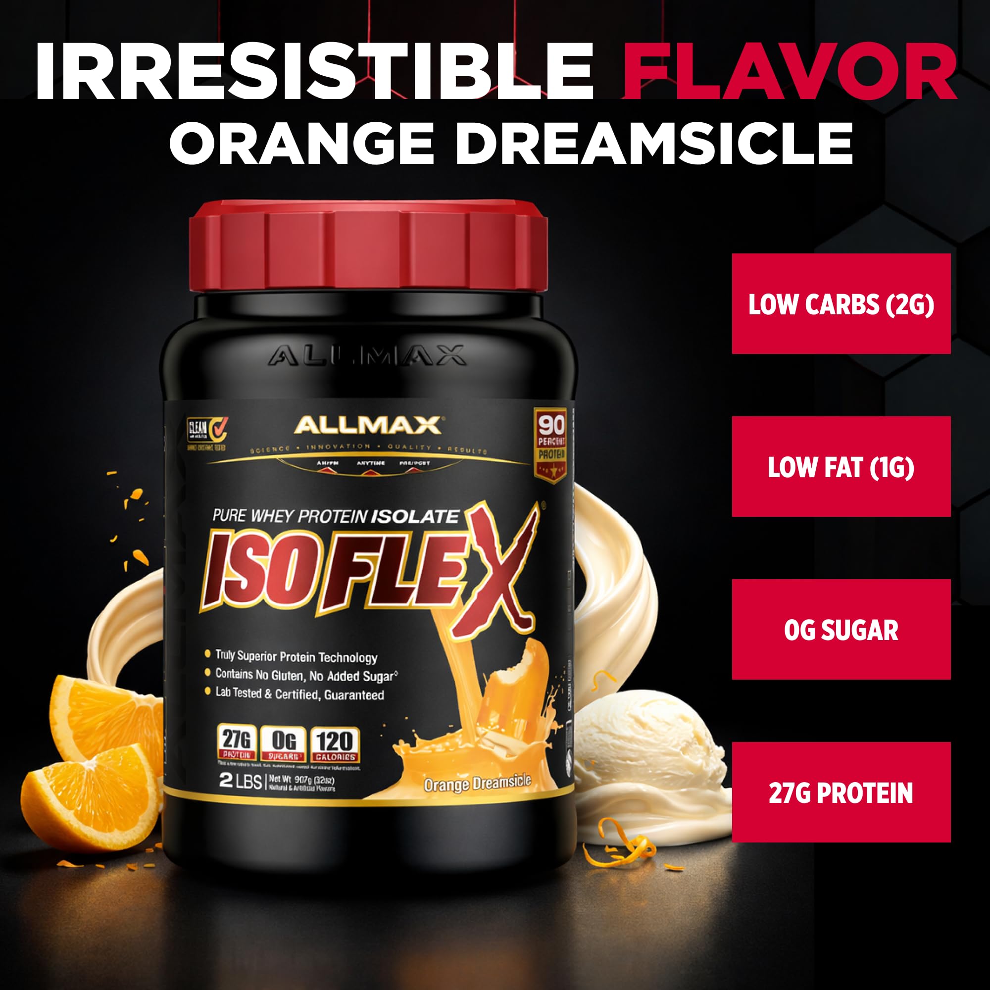 ALLMAX ISOFLEX Orange Dreamsicle scoop beside bottle for quick, clean shakes.