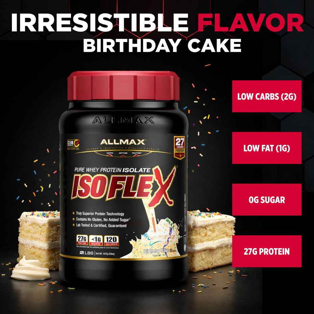Allmax ISOFLEX scoop beside powder for quick, precise protein measurement.