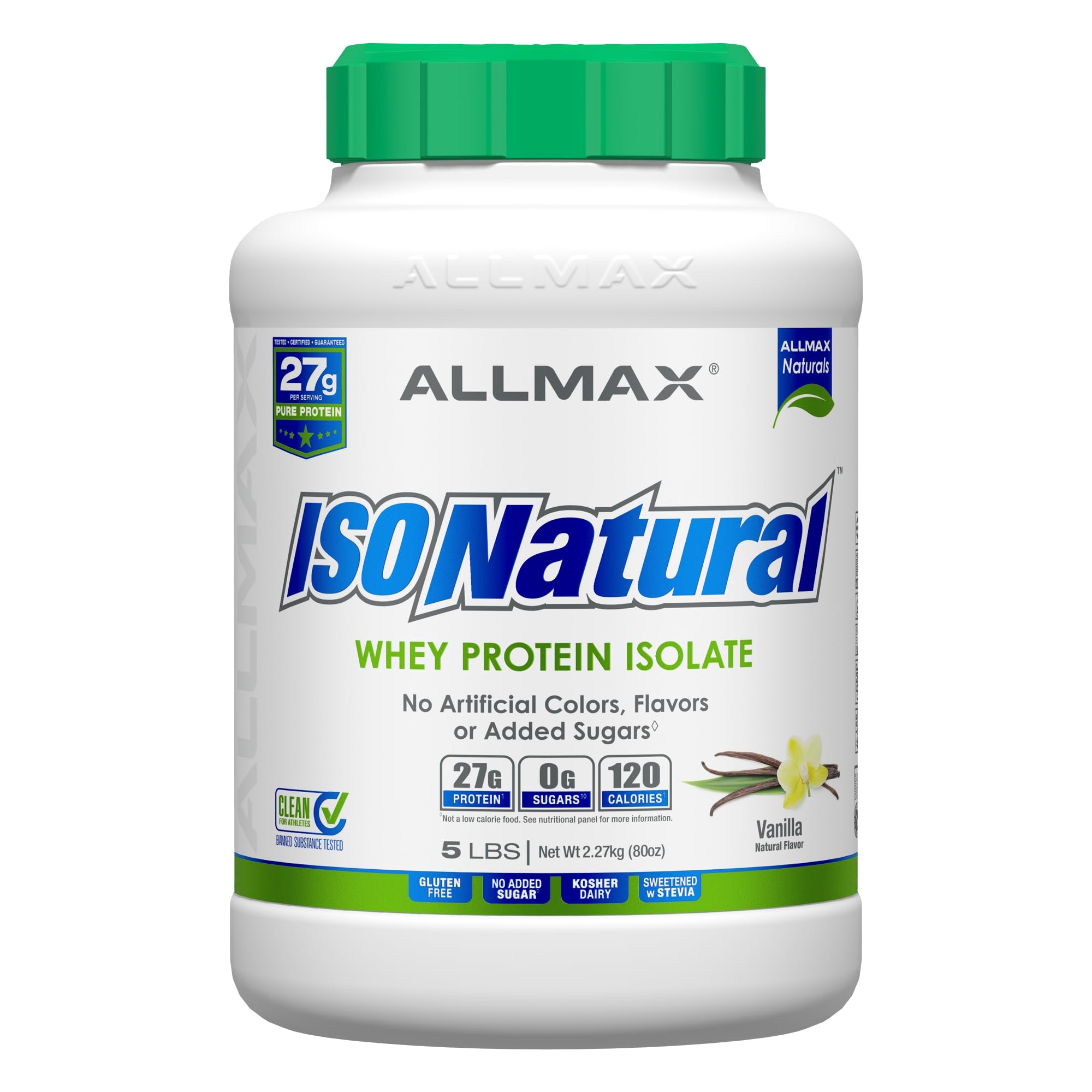 ALLMAX ISONATURAL whey protein isolate vanilla 5lb bottle, natural protein source for post-workout recovery.