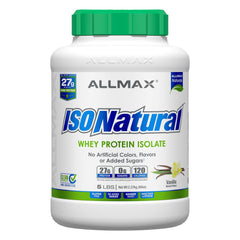 ALLMAX ISONATURAL whey protein isolate vanilla 5lb bottle, natural protein source for post-workout recovery.